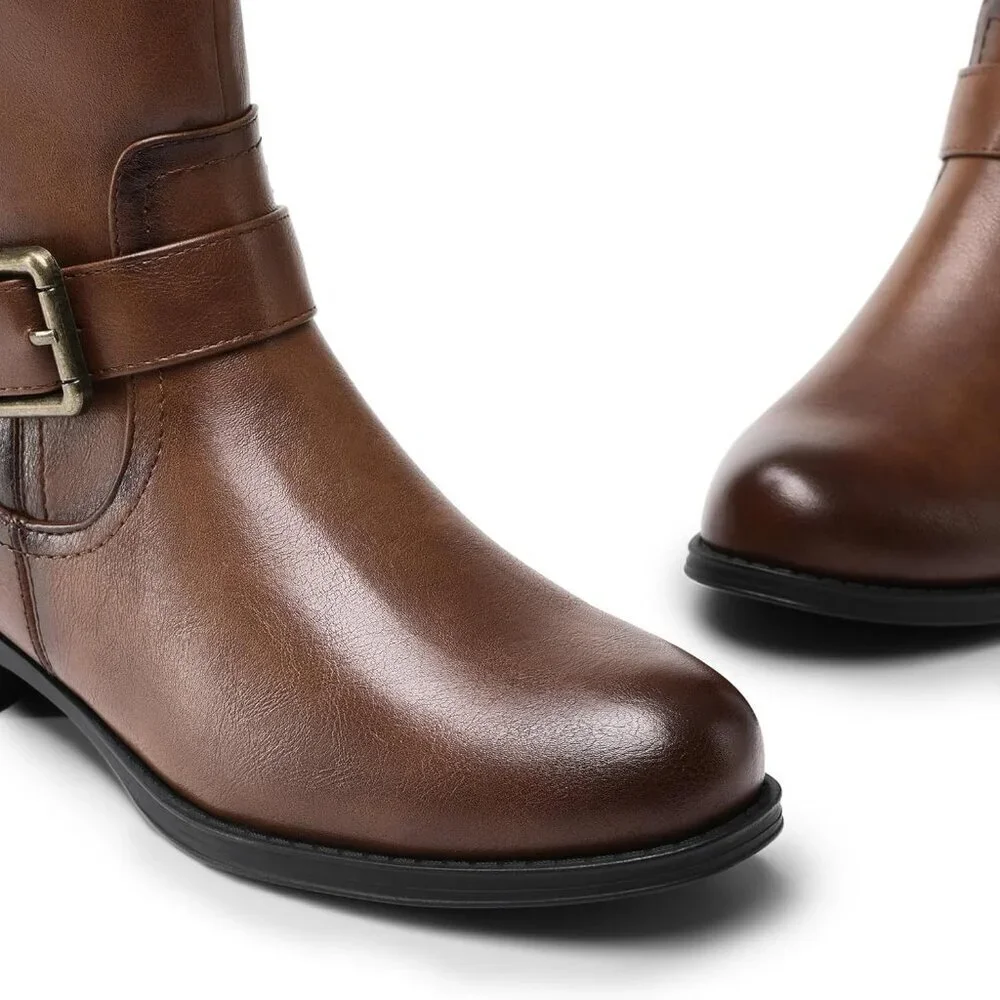 Women's Faux Leather Tan Knee High Buckle Chunky Heel Flat Riding Pirate Boots